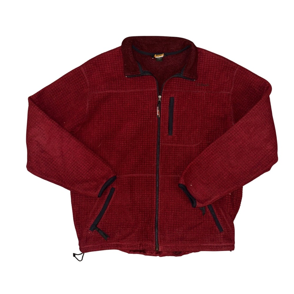 LL Bean Mens XL Tall Waffle Grid Fleece Jacket Full Zip Burgundy Red Outdoor